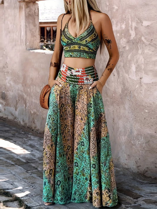 CHICME Elegant Geometric Print Crochet Top & A-Line Flare Pants Set - Sexy Short Sleeve, Waist Color Block, Shirred Detail, Polyester Blend, Perfect for Spring/Summer, Casual Attire|Geometric Print Top|Polyester Blend