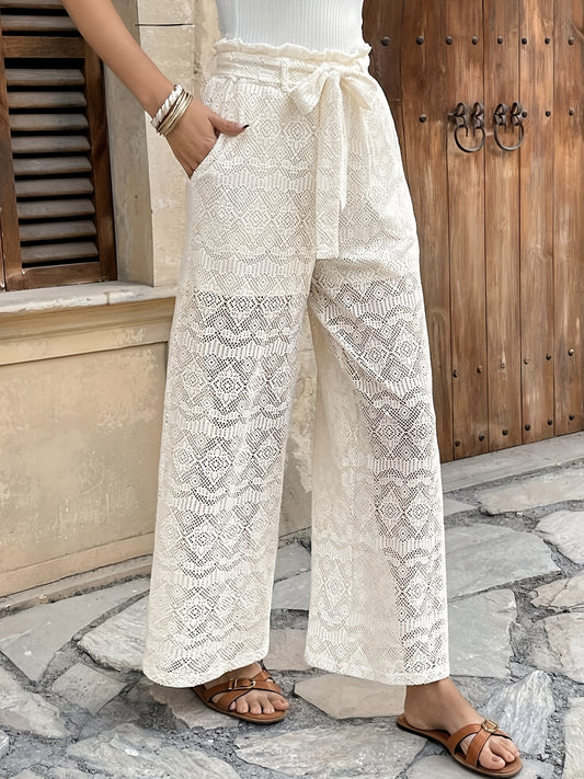 Women'S Elegant Romantic Lace Crochet High-Waisted Wide-Leg Pants - Beige, Asymmetrical Detail, Straight Leg, Perfect for Vacation and Casual Attire, Vacation Attire|Asymmetrical Detail|Crochet Texture