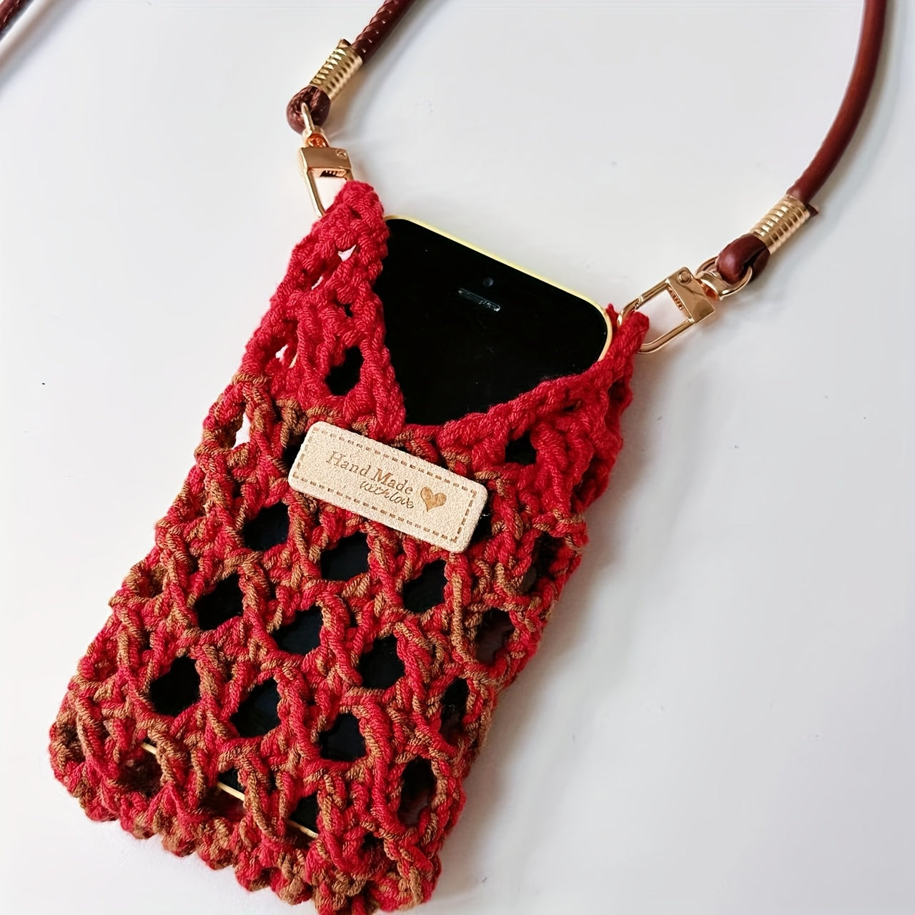 1Handmade Crochet Phone Pouch，Women's Crossbody Phone Front Strap Shoulder Bag，Small-sized Bag