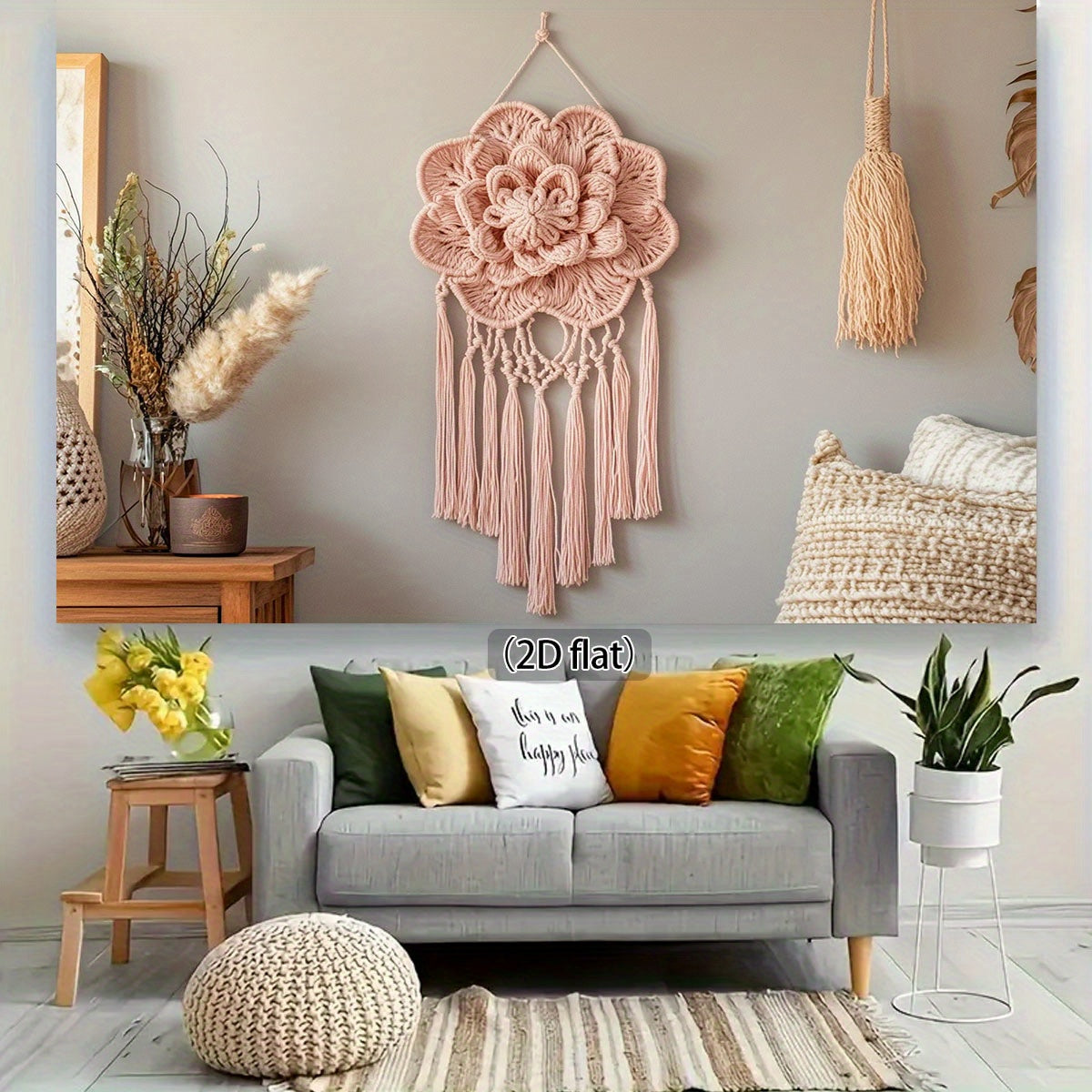 A Bohemian Style Floral Macron Wall Hanging，Comes with a wooden base and cushion - Pink tassel decoration，Suitable for Families、Office or photography backdrop，No Electricity Required，Multi-Purpose，Suitable for All Occasions，Home Decorations | Bohemian Sty