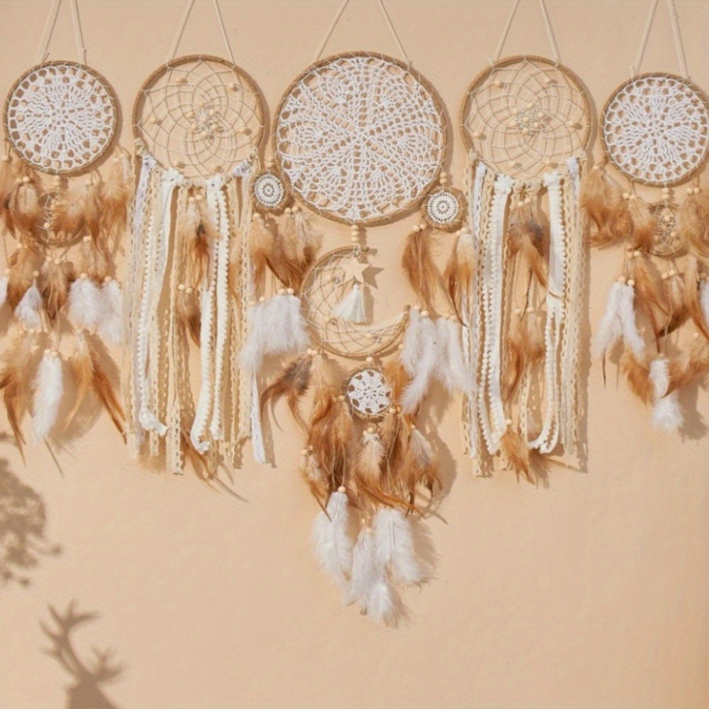 One Set5Large Handmade Moon Phase Pendant，Bohemian Style Wall Decoration，Celestial Sun and Moon Sweet Dream Bed Decoration，Bedroom Fabric Decorations-Camel