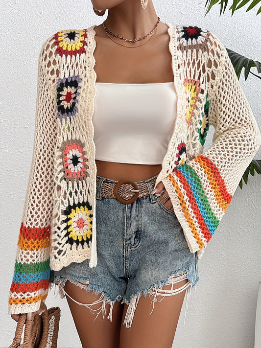 Crochet Open Front Cardigan, Casual Long Sleeve Hollow Out Cardigan For Spring & Fall, Women's Clothing