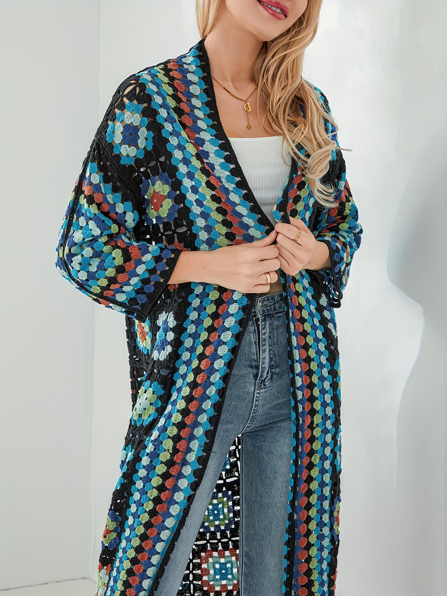 Women's Bohemian Crochet Floral Cardigan - Open Front Long Sleeve Lace Sweater with Vibrant Floral Print, Machine Washable All-Season Casual Outwear Coat, Crochet Cardigan, Stylish Layering, Detailed Craftsmanship
