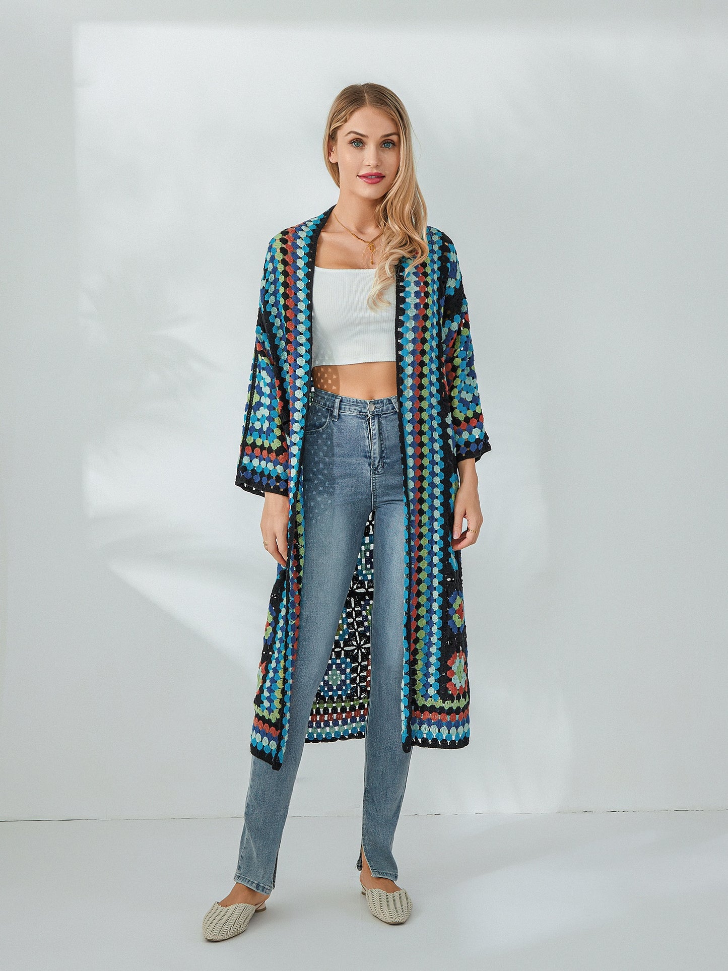 Women's Bohemian Crochet Floral Cardigan - Open Front Long Sleeve Lace Sweater with Vibrant Floral Print, Machine Washable All-Season Casual Outwear Coat, Crochet Cardigan, Stylish Layering, Detailed Craftsmanship