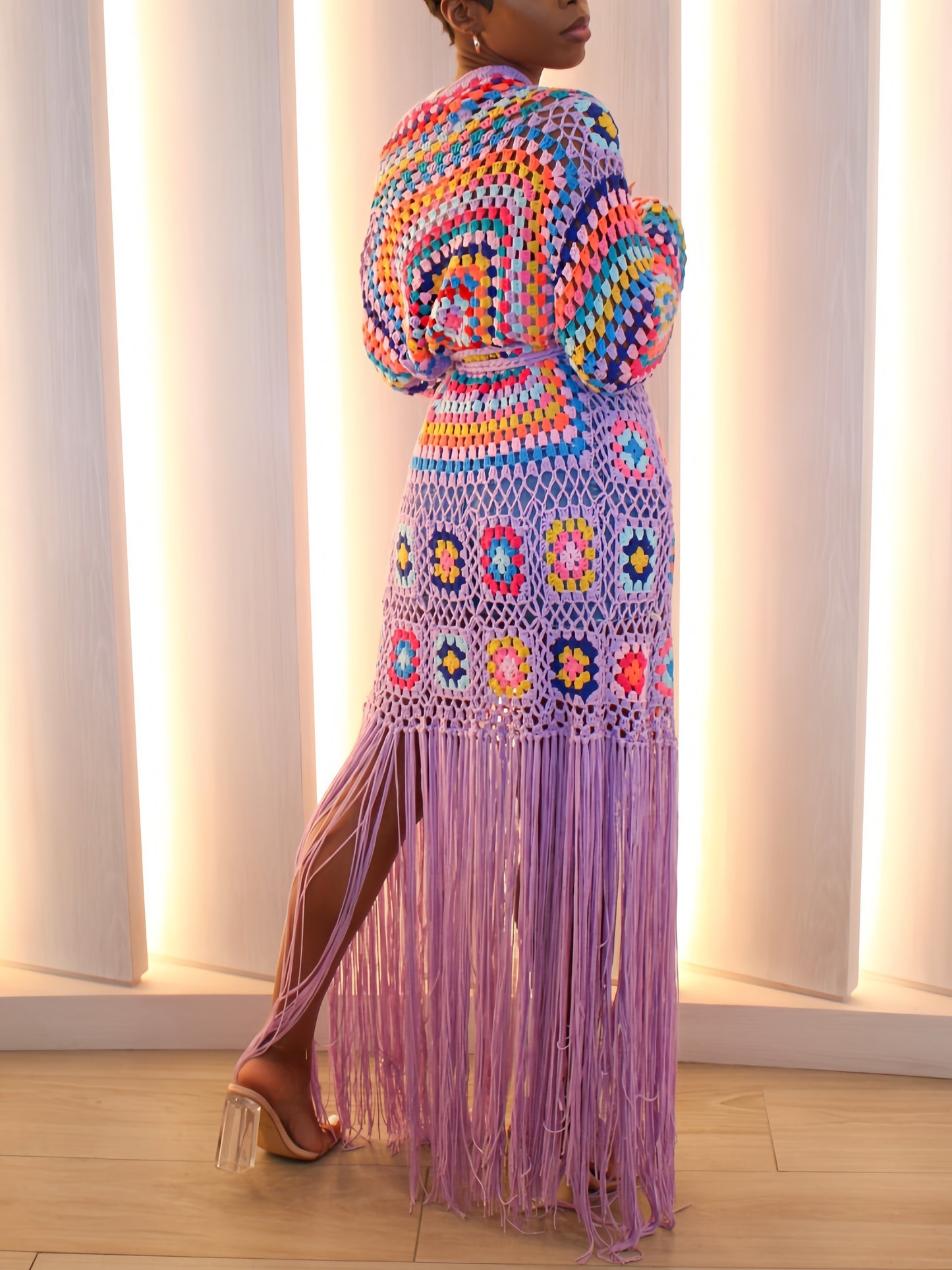 [Casual Knitted Cardigan] Long-Sleeved Women's Knitted Open-Front Cardigan - Casual Tassel Hollow Hand-Crocheted Long Coat for Women Swimsuit Cover-Ups A1215