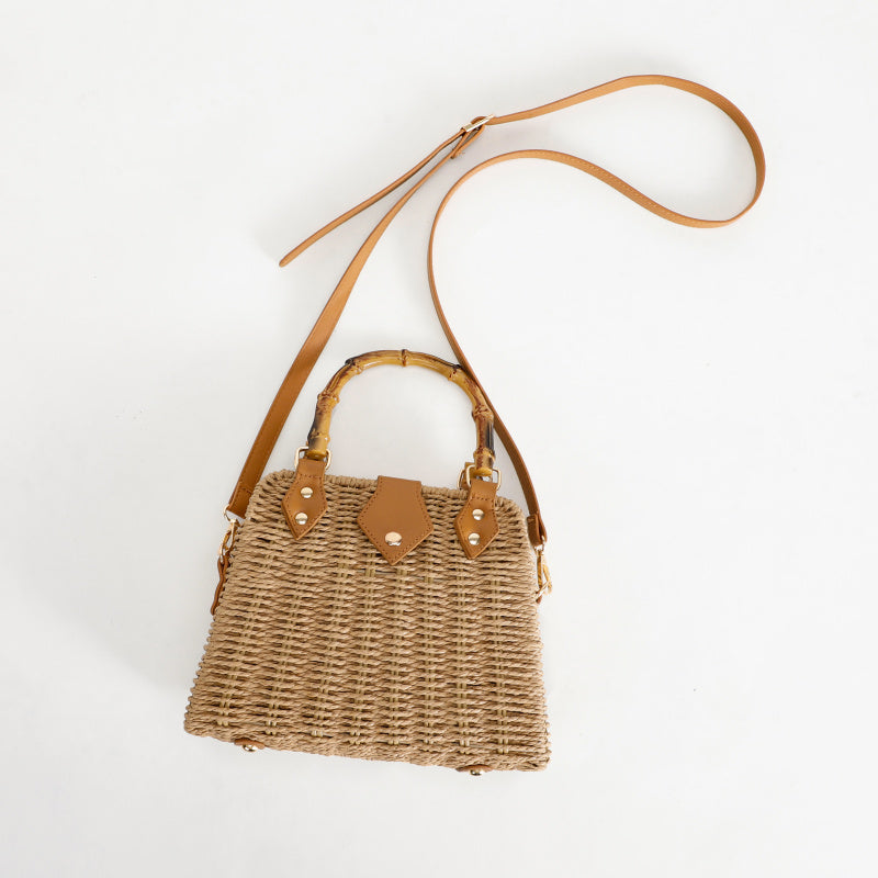 Mori Braided Handbag Imitation Bamboo Handle Cowhide Decorative Tote Bag Metal Rivet Buckle Non-Slip Foot Pad Crossbody Commuter Vacation Bag