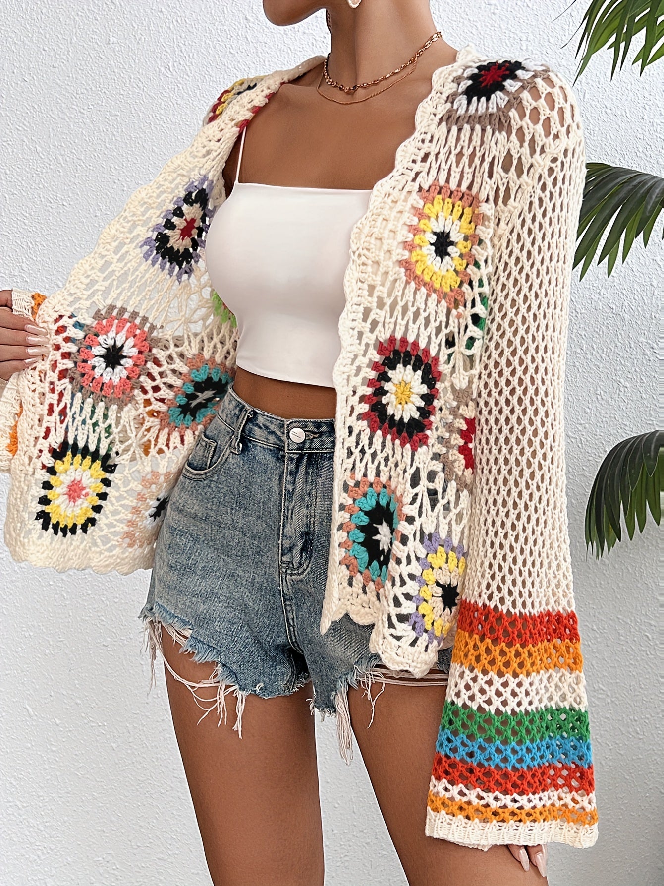 Crochet Open Front Cardigan, Casual Long Sleeve Hollow Out Cardigan For Spring & Fall, Women's Clothing