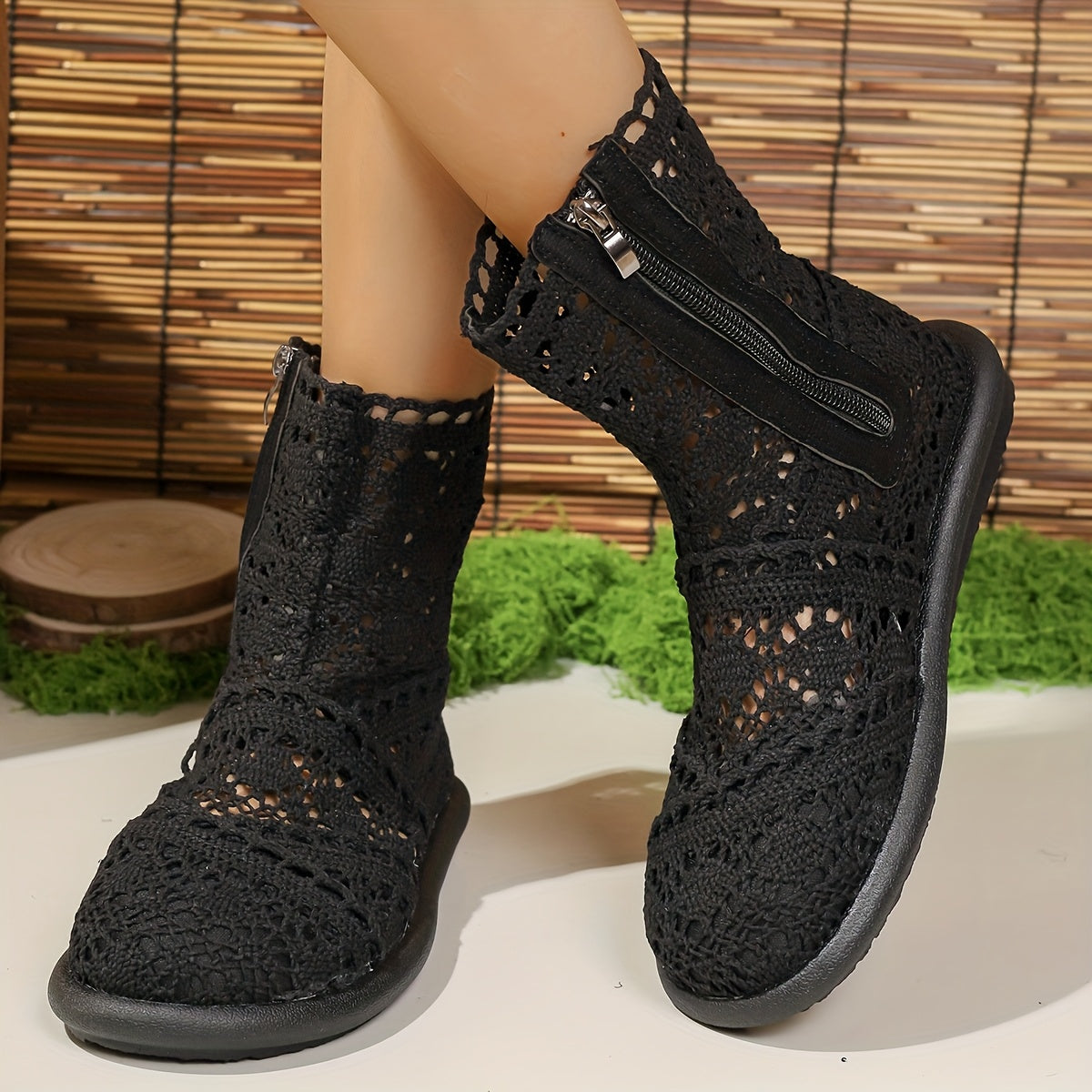 Women'S Elegant Lace-Up Ankle Boots - Breathable Crochet Design, Flat Heel, Zipper Closure, Closed Toe, Summer Fashion Boots for Casual & Formal Outfits, Versatile Footwear, Decorative Lace Detailing