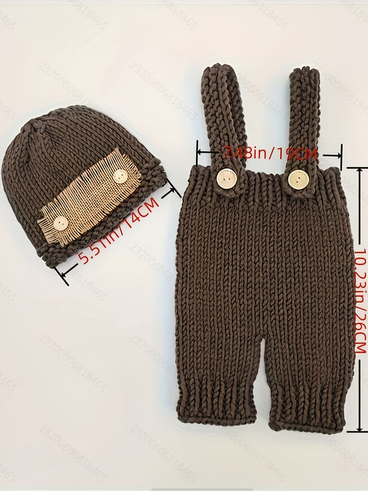Newborn Baby Boy Cute Crochet Photo Props Button Hat Pants Overalls Clothes Knitted Photography Props Outfit