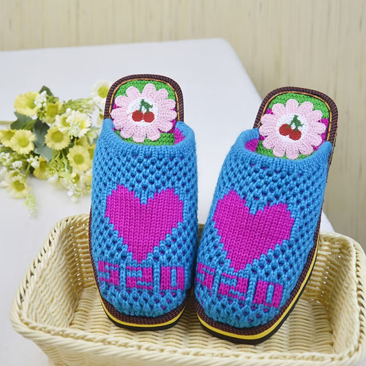 Handmade Crochet Slippers for Men and Women - Cozy Knit Home Shoes with Floral and Heart Designs, Artificial Silk Blend, Sky Blue/Pink, House Slippers