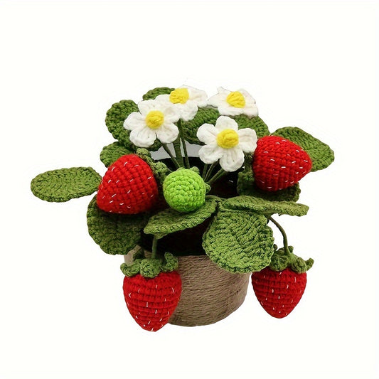 Handmade Crochet Strawberry Potted Plant - Faux Velvet Flower Decoration，Pot included，Suitable for home and party table display