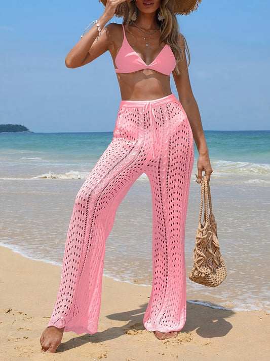 Women's Summer Beach Vacation Crochet Pants - Lightweight Semi-Sheer Loose-Fit Elastic Waist Straight-Leg with Breathable Cut-Out Design, Vibrant Pink Casual Long Pants for Adults, Beach Clothes, Summer Clothing, Airy Texture Apparel