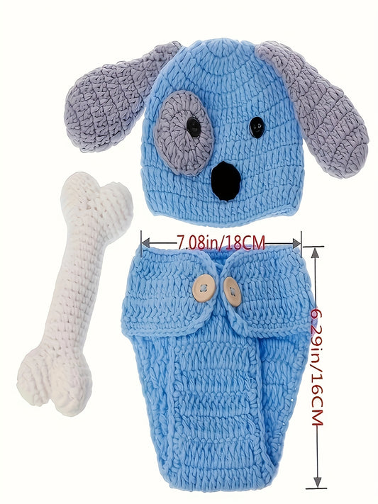 Cute Blue Dog Hat Costume，Suitable for Newborns - Soft Knitted Baby Photo Props，Short Sleeve，Loose，Suitable for All Seasons，Animal Theme Design，Baby Clothing