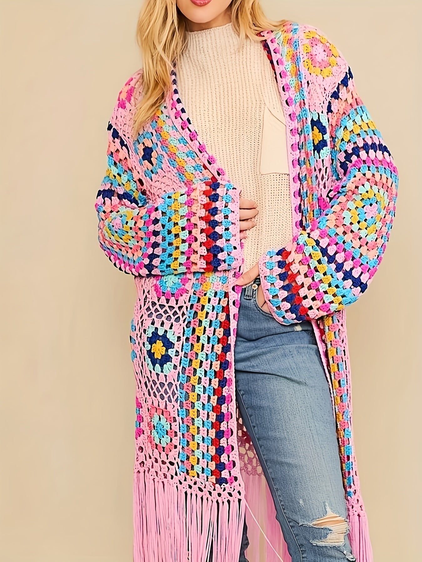 2025 Autumn Moroccan Kaftan Print Handmade Fringed Long Crochet Cardigan Cover-ups Women Clothing Beach Kimono Dresses A1215