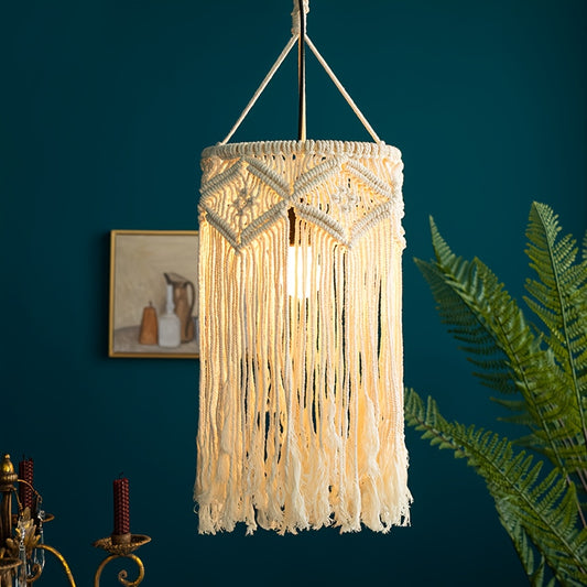 1Bohemian Style Handwoven Beaded Tassel Lampshade - White Blue Art Decorative Hanging Lampshade，Suitable for Living Room、Bedroom、Terrace Decoration（Bulb Not Included），Bedroom Ceiling Decoration | Tassel Decoration | Handicraft Quality，Room Decoration
