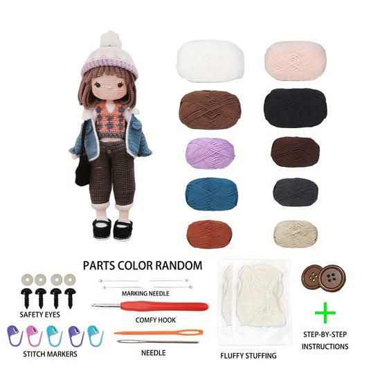 7pcs Crochet Kit for Beginners - Cool Girl in Denim Jacket, Cute Character Crochet Set with Step-by-Step Video Tutorial, Ideal for Backpack Charms, Home Decor, Mother'S Day & Valentine'S Gift, Wedding Display!