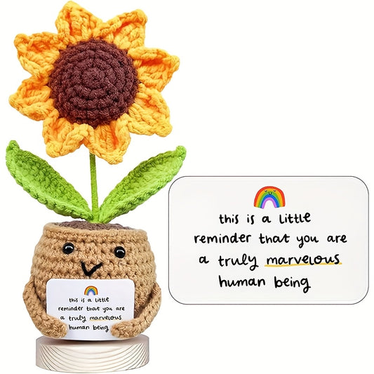 Handmade Crochet Sunflower Doll with Inspirational Card - Fabric Positivity Gift for Coworker, Friend, Teacher, Sister, Mom - Christmas, Birthday, Thank You Present for Women & Men - Home Decor No Electricity Needed, Crochet Doll