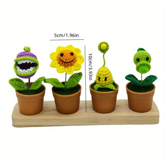 4Set of Artificial Sunflower, Pea, and Corn Plants Crochet Mini Potted Desktop Decorations Birthday Gift Car Home Outdoor Decoration Handicrafts Car Dashboard Hanging Decoration