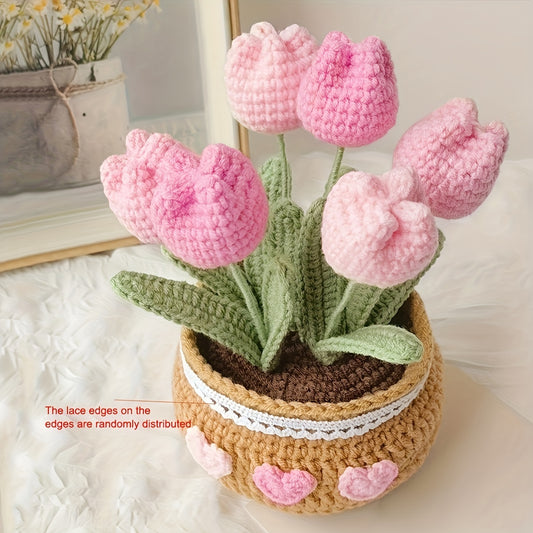 1Handmade Crochet Tulip Flower Pot Decoration for Car Dashboard，Eternal Fabric Floral Imitation Gemstone，Car Decoration，Home Gardening Lucky Twisting Line Potted Plants - Car Dashboard Hanging Decoration