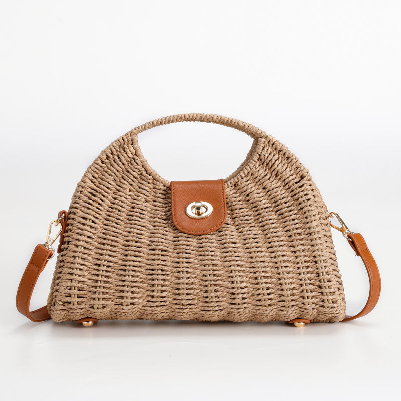 Hand-Woven Tote Natural Straw Shoulder Bag Brown Leather Flip Metal Buckle Portable Crossbody Dual-Use Non-Slip Foot Design
