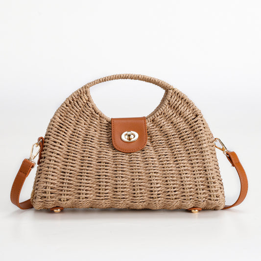 Hand-Woven Tote Natural Straw Shoulder Bag Brown Leather Flip Metal Buckle Portable Crossbody Dual-Use Non-Slip Foot Design