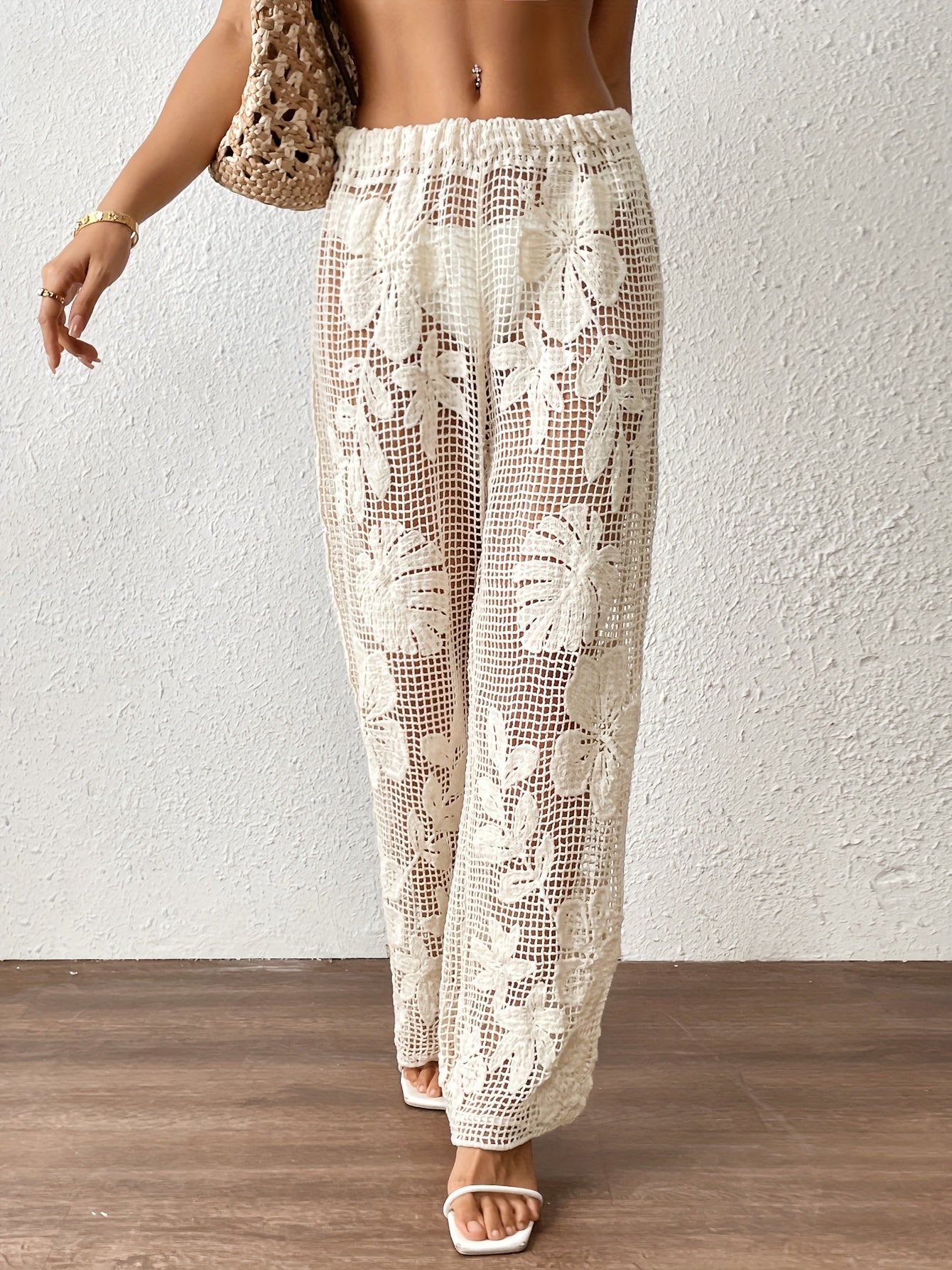 Women'S Bohemian Lace Beach Pants - High-Waisted, Hollow-Out Design, White Crochet Style for Summer Vacations, Music Festivals & Casual Outings, Vacation Clothing | Bohemian Style | Crochet Texture