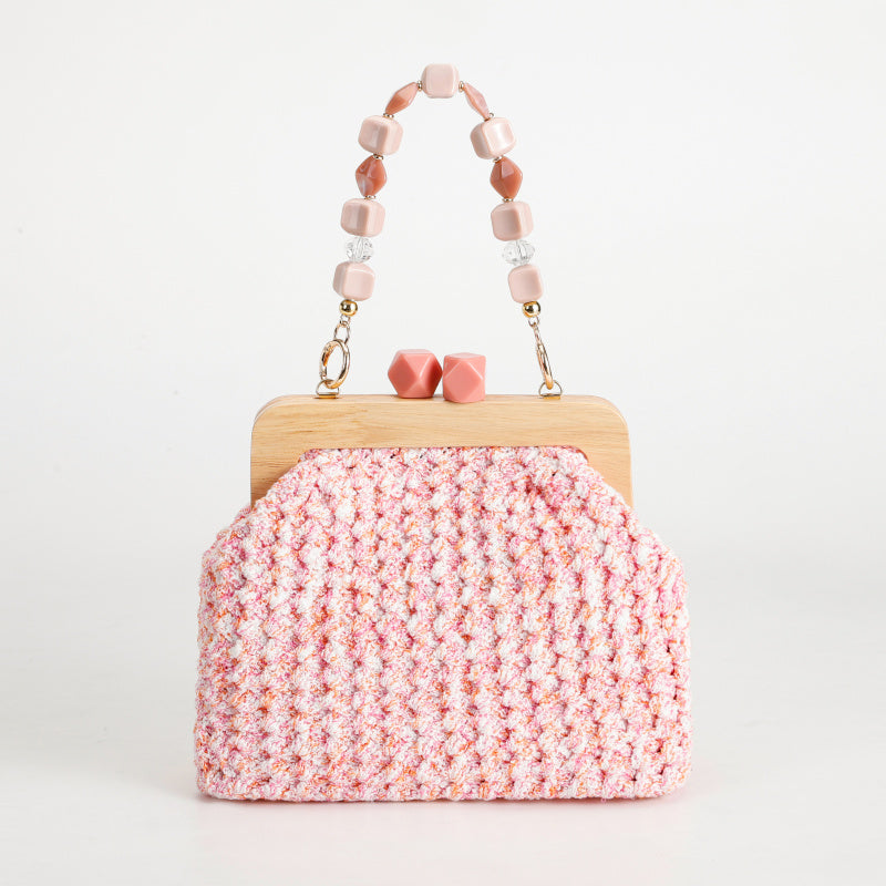 Sweet Retro Pink Hand-Woven Handbag Wooden Handle+Beaded Chain Mori Style Girl's Crossbody Bag