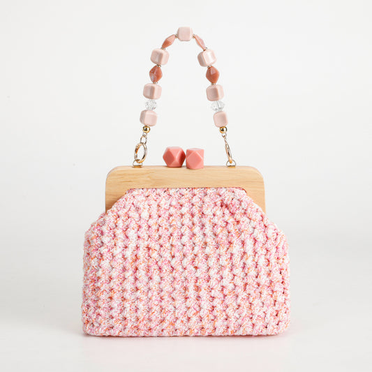 Sweet Retro Pink Hand-Woven Handbag Wooden Handle+Beaded Chain Mori Style Girl's Crossbody Bag