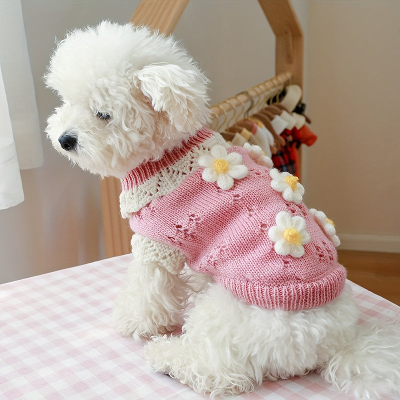 Small Dog Floral Knit Sweater - 100%Nylon Thermal Pullover，Pink white flower pattern，Suitable for Pomeranian、Bichon、Comfortable Autumn and Winter Dog Clothes for Small Breeds Like Poodles
