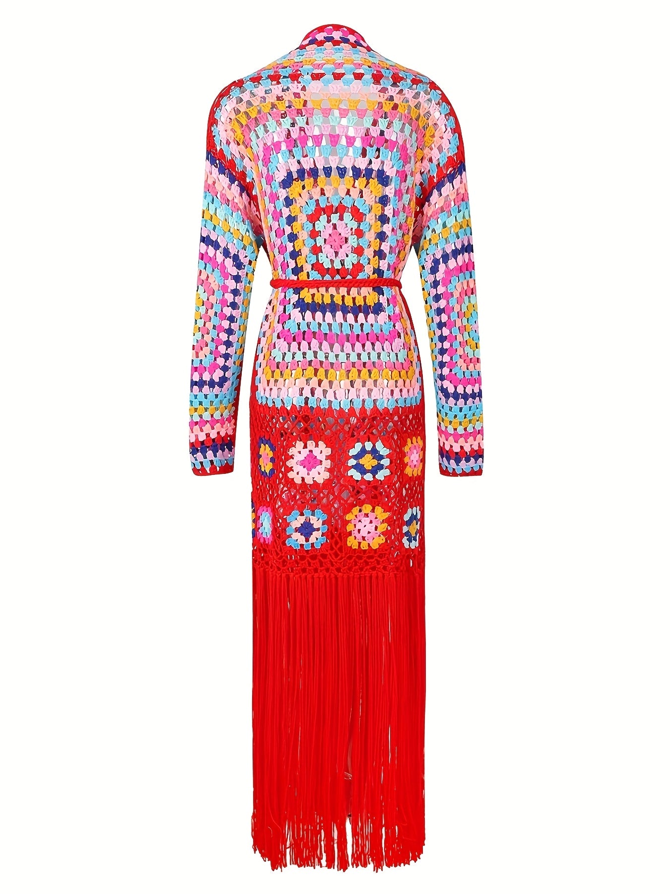 [Casual Knitted Cardigan] Long-Sleeved Women's Knitted Open-Front Cardigan - Casual Tassel Hollow Hand-Crocheted Long Coat for Women Swimsuit Cover-Ups A1215