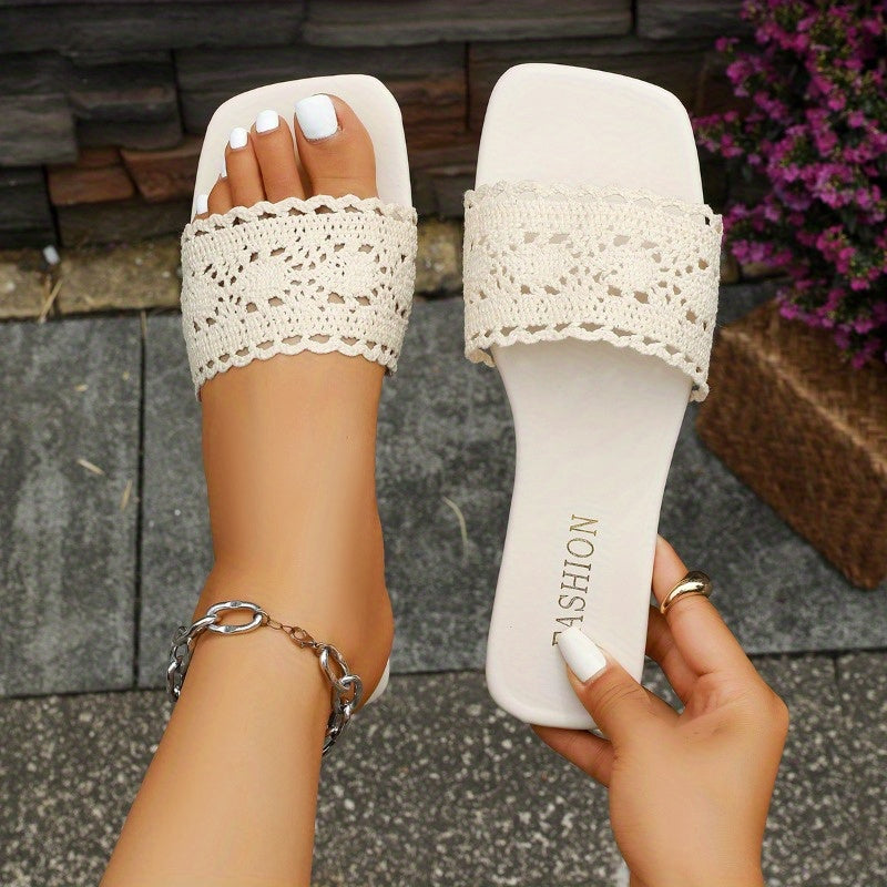 Women'S Summer Crochet Slide Sandals - Open-Toe Flat Sole, Breathable Mesh Upper with White PVC Sole, Casual Beach & Casual Attire, Casual Footwear | Crochet Sandals | Mesh Upper Sandals