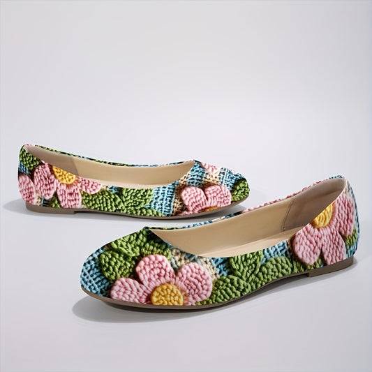 Women'S Crochet-Style Floral Print Flats - Artisanal 2D Printed Multicolor Design, Soft Fabric Upper & TPR Sole, Comfortable Slip-On Shoes for All Seasons, Perfect for Garden Markets & Casual Outings, Garden Market Shoes | Crochet Flat Shoes | Tpr Sole Fl