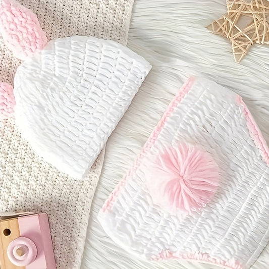 1Handmade Crochet Rabbit Costume，Suitable for Newborns - Cotton Blend Baby Photo Props - Unisex Baby Bunny Costume，With a knitted hat and pants