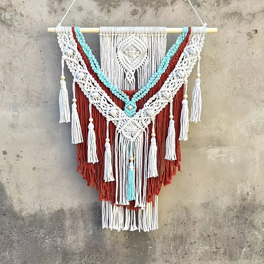 Handmade Geometric Pattern Tapestry - Bright Orange-Green Tassel Decoration Paired with White Accents，bohemian Style Home Office and Living Room Art，No Electricity Required Indoor Wall Decoration，Unique Gift Ideas