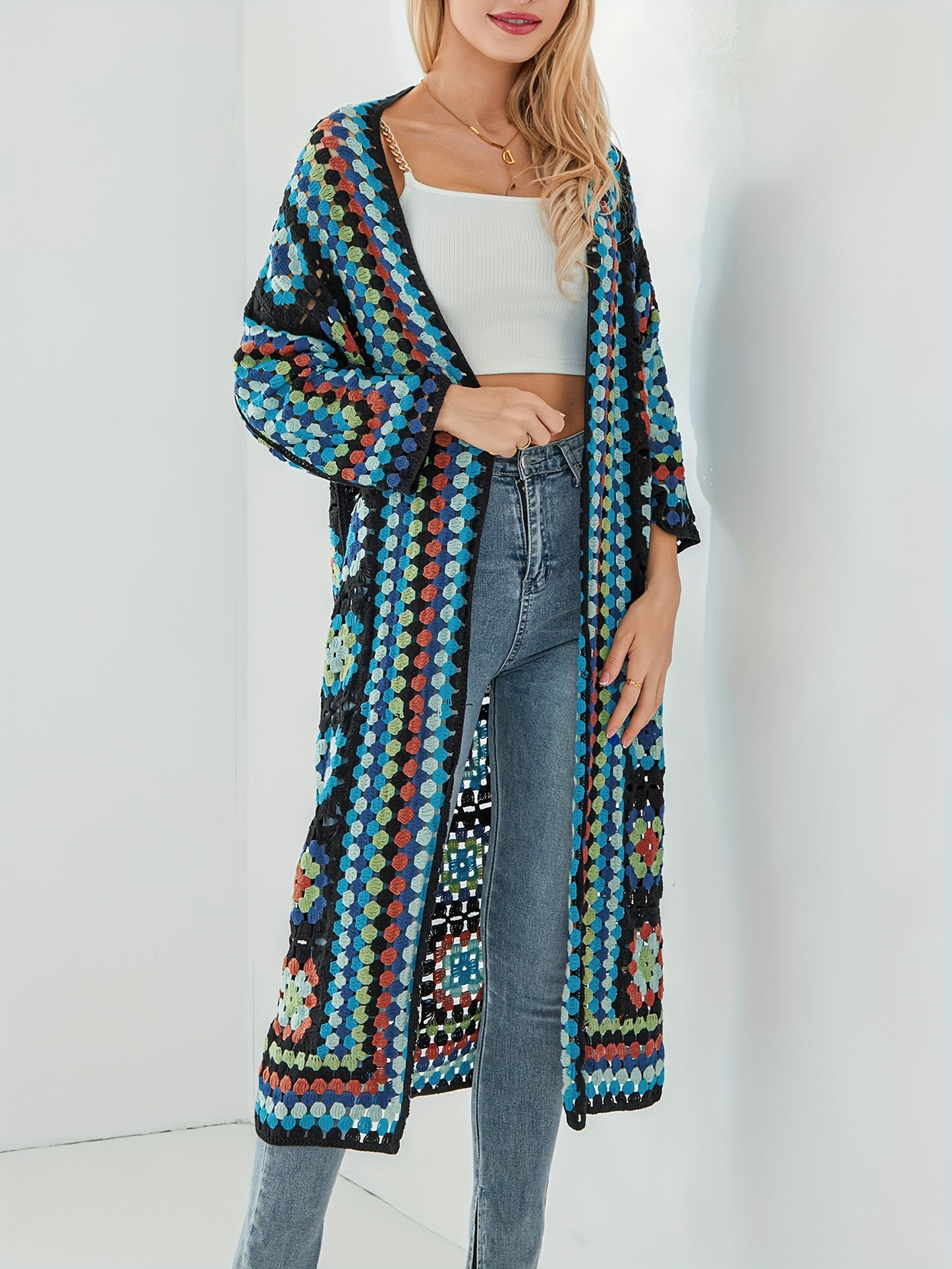 Women's Bohemian Crochet Floral Cardigan - Open Front Long Sleeve Lace Sweater with Vibrant Floral Print, Machine Washable All-Season Casual Outwear Coat, Crochet Cardigan, Stylish Layering, Detailed Craftsmanship