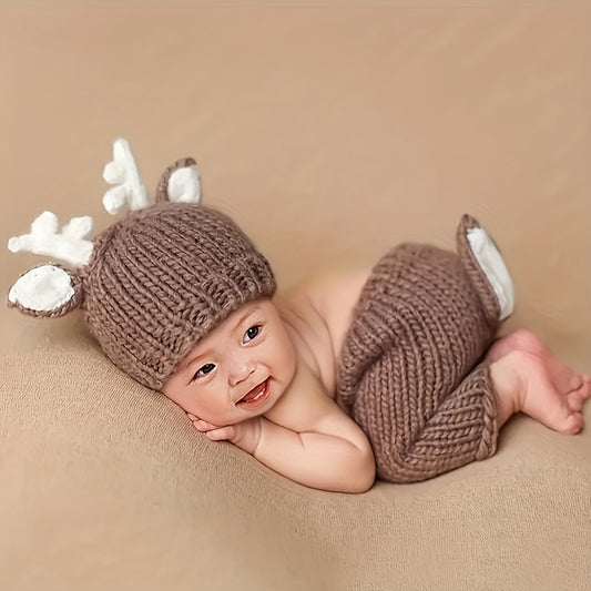 Christmas Reindeer Brown Two-Piece Set Handmade Baby Velvet Knitted Photography Props