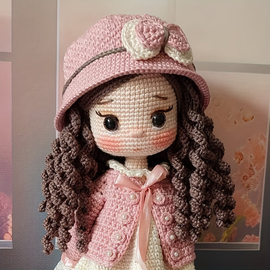 1 Set of Little Girl in Pink Dress with Beautiful Hat, DIY Crochet Material Pack for Adults Includes Yarn, Hook, English Manual and Step-by-Step Video Teaching, Perfect Holiday Gift, Easter, Valentine'S Day, Birthday Present - Unfinished