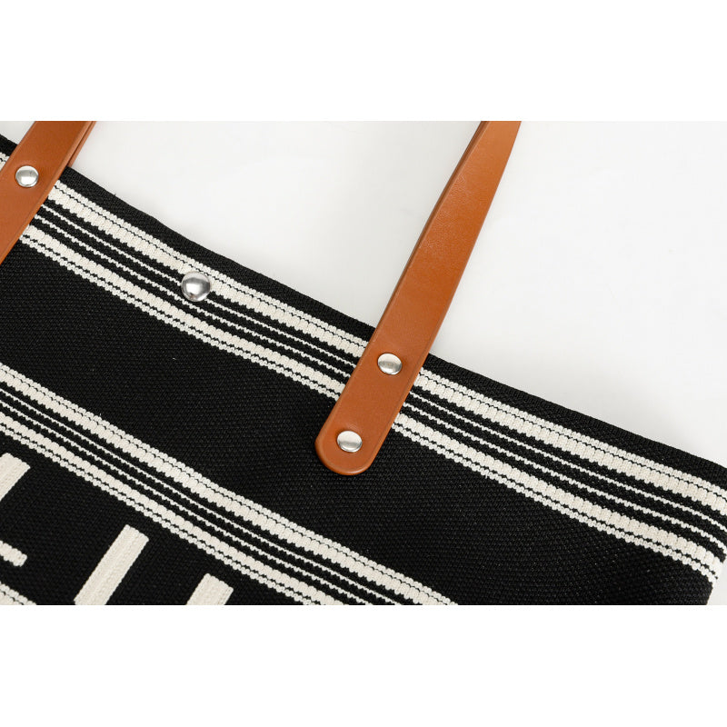 [CEILK Black and White Striped Tote]Large Capacity Commuter Bag Brown Leather Handle Simple Fashion Flying Woven Bag