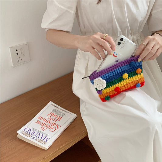Handwoven Rainbow Coin Purse，Stylish Lightweight Knitted Cosmetic Bag and Phone Pouch，Sweet and Colorful Handmade Wallet Suitable for Women，Daily Use、An ideal choice for travel and party gifts
