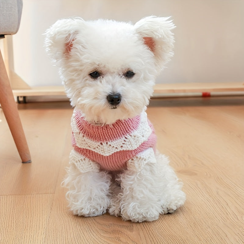 Small Dog Floral Knit Sweater - 100%Nylon Thermal Pullover，Pink white flower pattern，Suitable for Pomeranian、Bichon、Comfortable Autumn and Winter Dog Clothes for Small Breeds Like Poodles