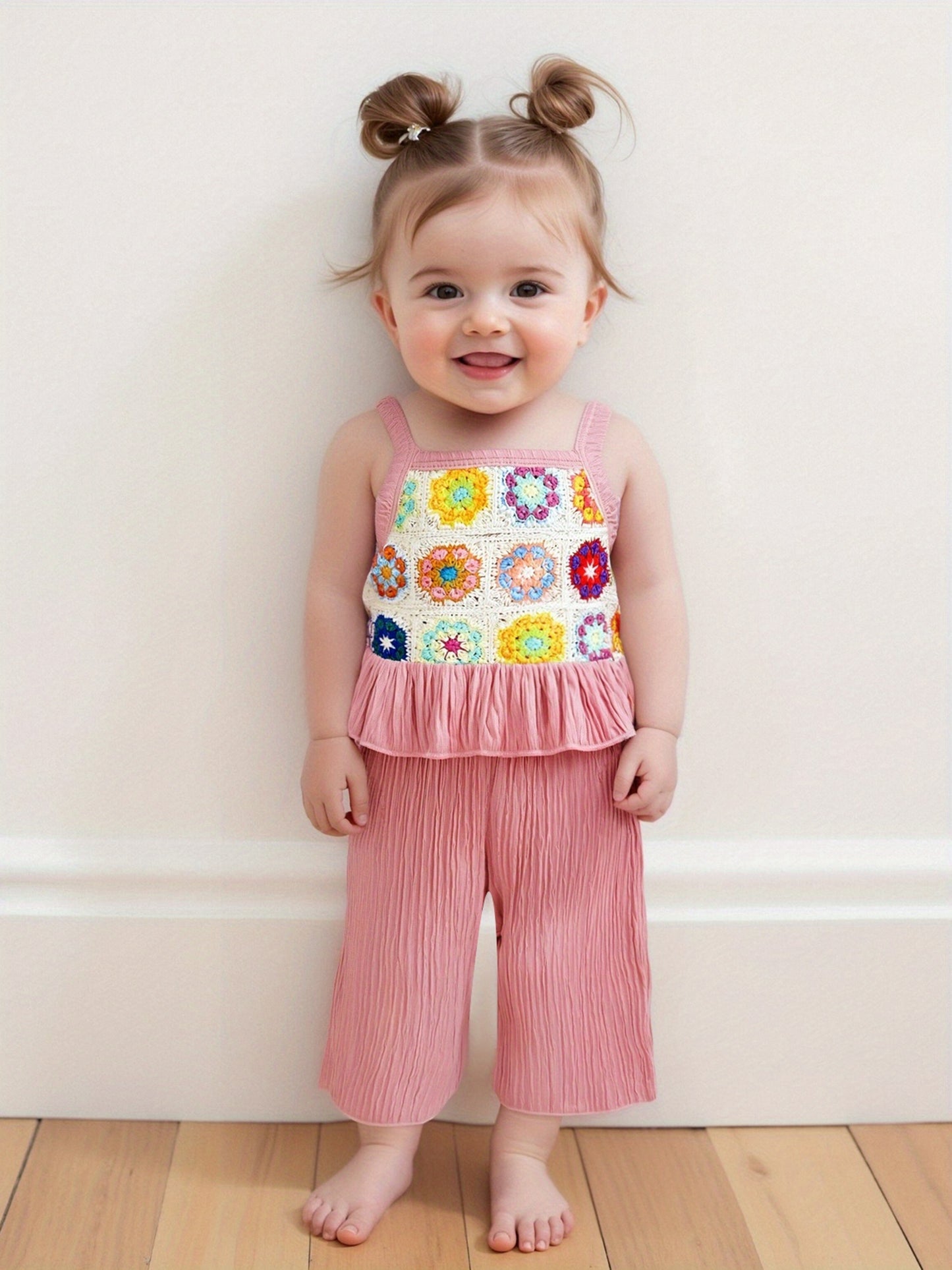 2pcs Boho Youngsters' Sleeveless Floral Crochet Knitted Ruffle Tank Cami Top & Wide Leg Pants Set - Elastic Waist, Linen Blend, Perfect for Summer Beach Outfits, Youngsters' Clothing | Floral Pattern Top | Crochet Knitted Fabric, Youngsters Clothes, for O