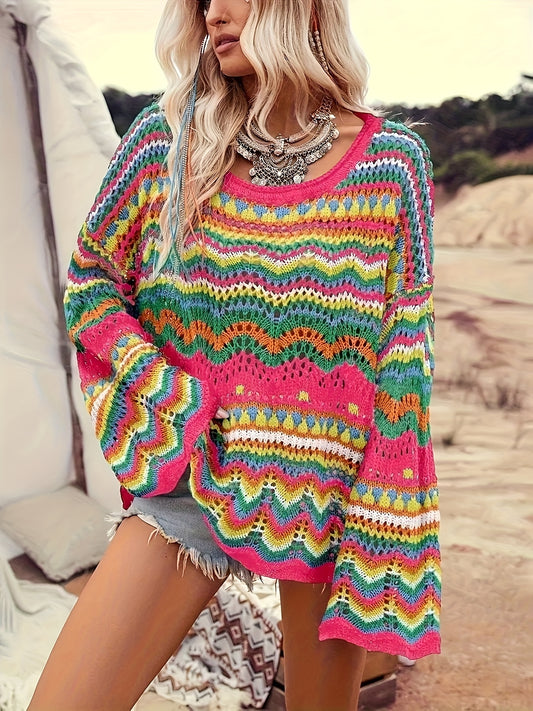 Plus-Size Women's Bohemian Color-Block Sweater - Semi-Sheer Drop Shoulder Crochet Top with Round Neck, Short Length & All-Season Casual Elegance, Crochet Sweater, Relaxed Fit Top, Vacation Style Clothing, Semisheer Fabric