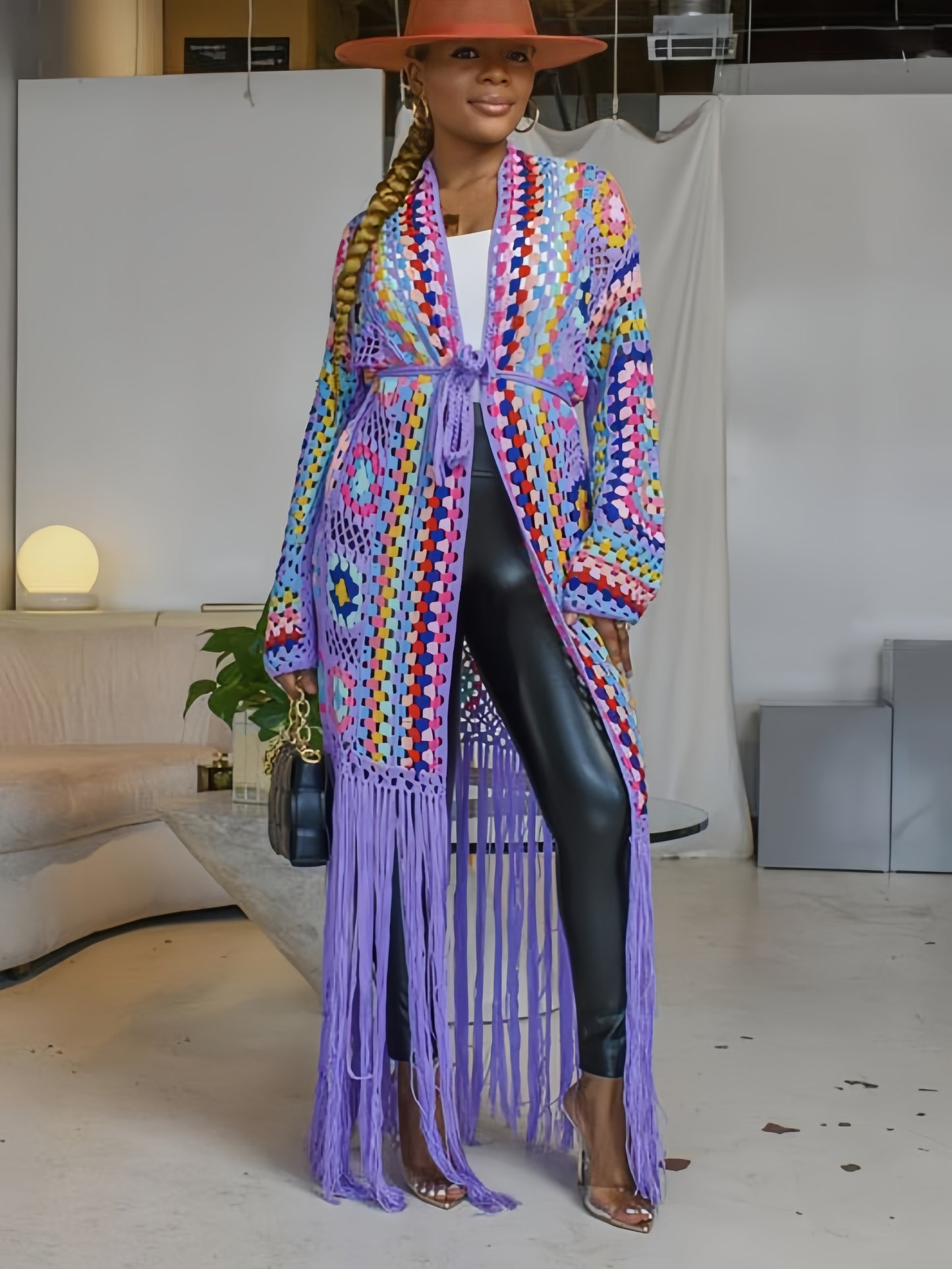 [Casual Knitted Cardigan] Long-Sleeved Women's Knitted Open-Front Cardigan - Casual Tassel Hollow Hand-Crocheted Long Coat for Women Swimsuit Cover-Ups A1215