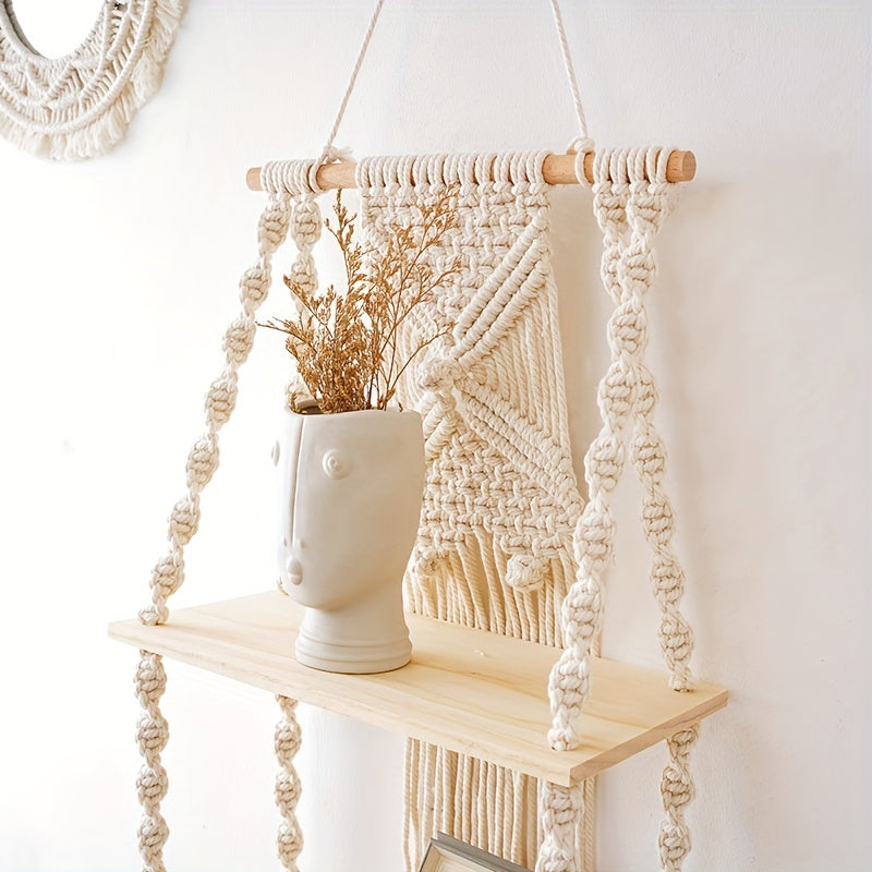 Bohemian Style Handwoven Wall Hanging，Double-layer Floating Rack，Natural Wood Style Home Decor Storage Rack，Suitable for bedroom and bathroom，Plant Display Stand with Rope，Indoor Use