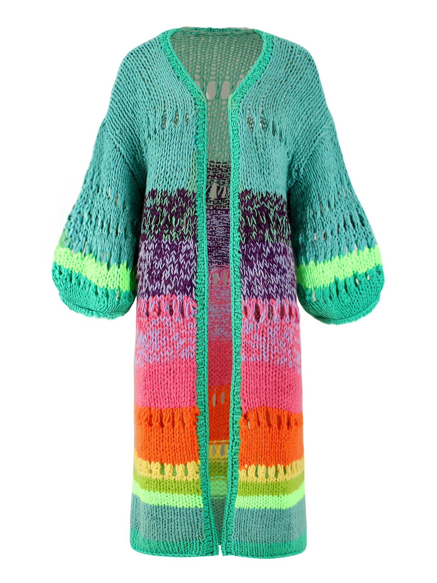 Luxurious hand- colorful Women's warm coat gradient bright color retro lantern sleeve ribbon cardigan fashionable boho long chic Women's coat Swimsuit Cover-ups K12
