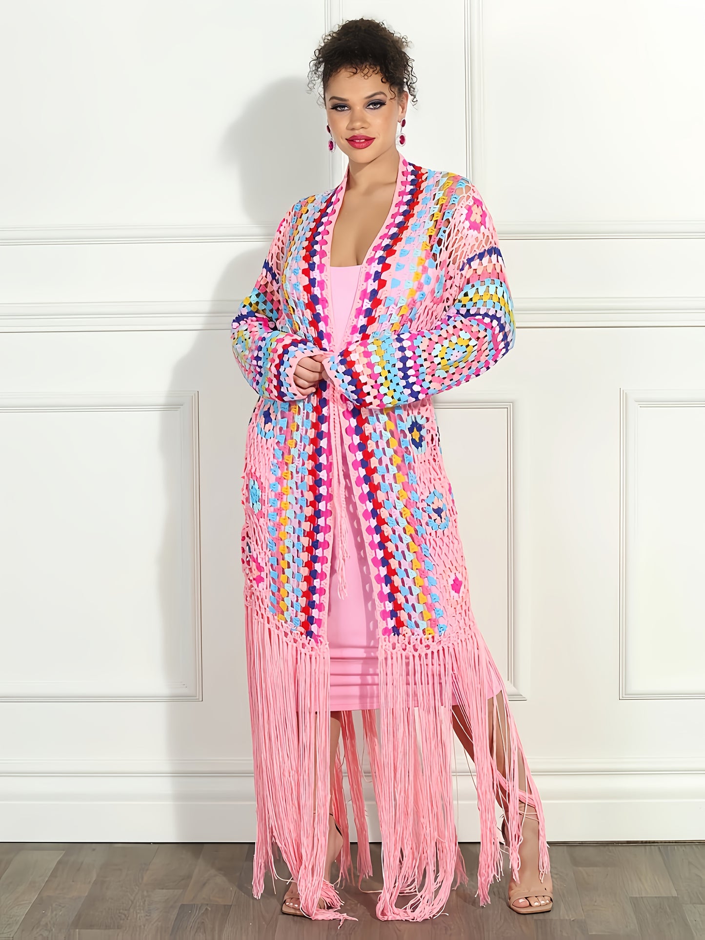 2025 Autumn Moroccan Kaftan Print Handmade Fringed Long Crochet Cardigan Cover-ups Women Clothing Beach Kimono Dresses A1215