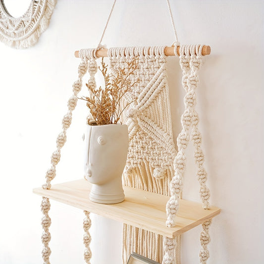 Bohemian Style Handwoven Wall Hanging，Double-layer Floating Rack，Natural Wood Style Home Decor Storage Rack，Suitable for bedroom and bathroom，Plant Display Stand with Rope，Indoor Use