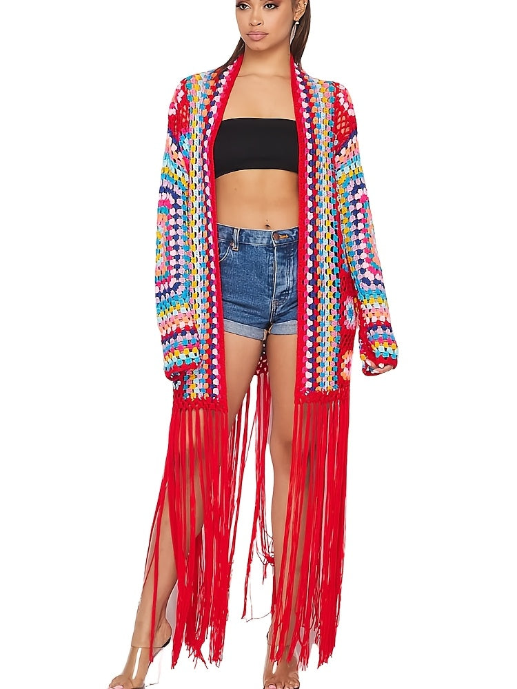 EDOLYNSA Handmade Hollow Crochet Long Sleeve Tassel Women'S Knit Jacket, Elegant Cropped Knit Cardigan, Ethnic Style, Casual, Sweater, Beach Cover-Up A121