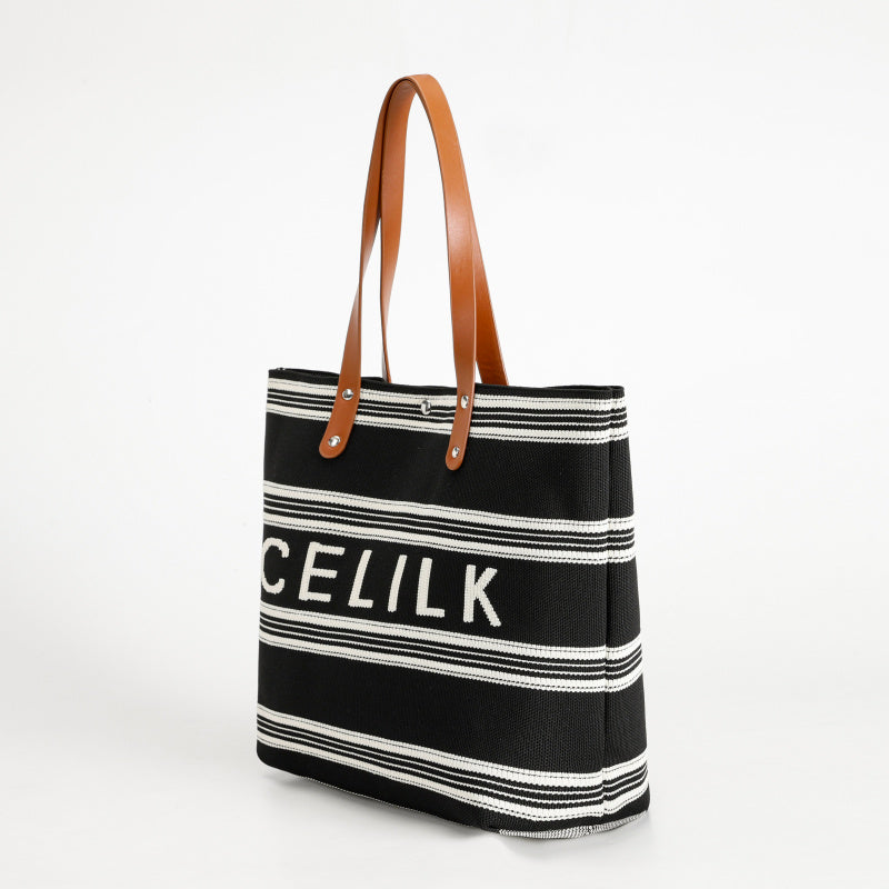 [CEILK Black and White Striped Tote]Large Capacity Commuter Bag Brown Leather Handle Simple Fashion Flying Woven Bag