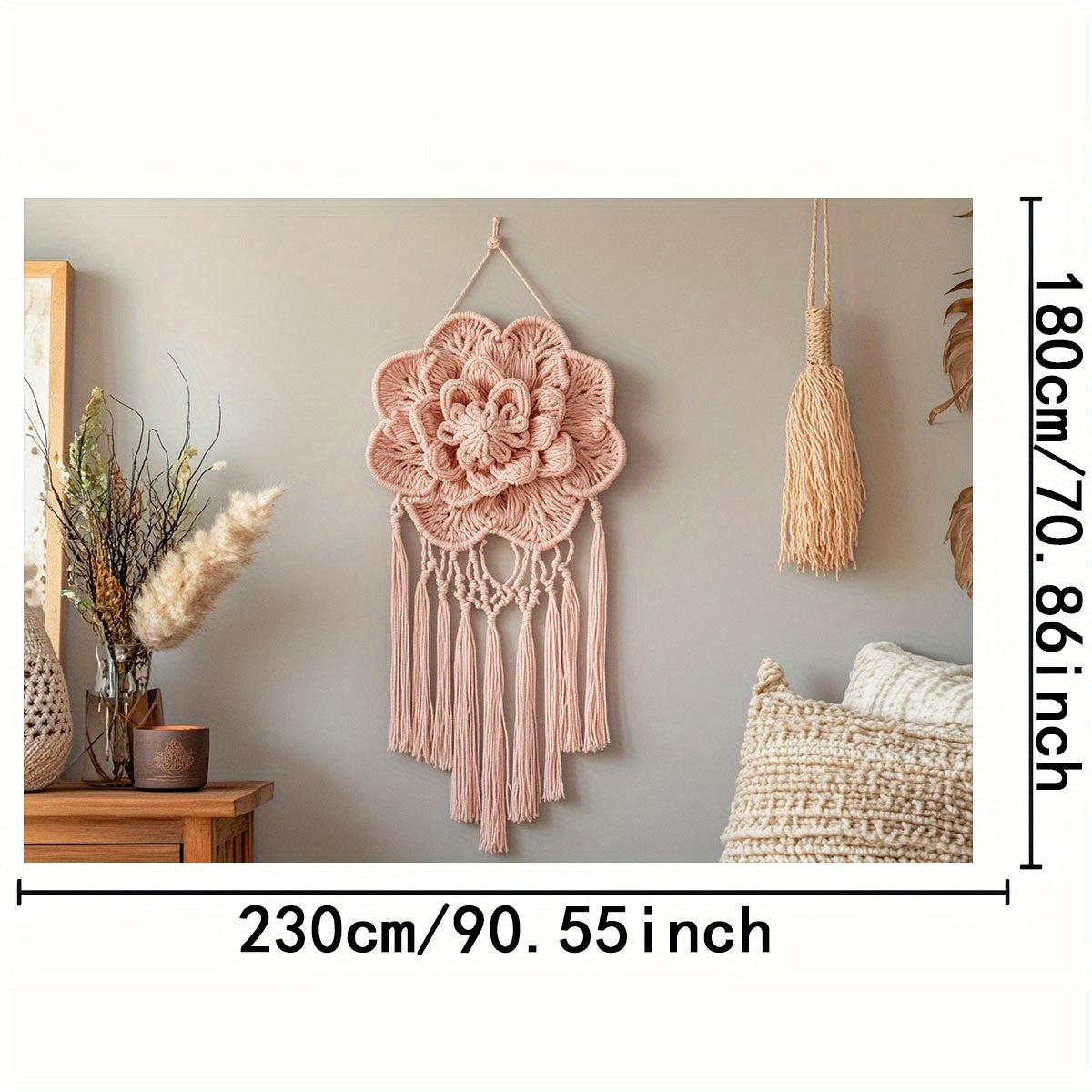 A Bohemian Style Floral Macron Wall Hanging，Comes with a wooden base and cushion - Pink tassel decoration，Suitable for Families、Office or photography backdrop，No Electricity Required，Multi-Purpose，Suitable for All Occasions，Home Decorations | Bohemian Sty